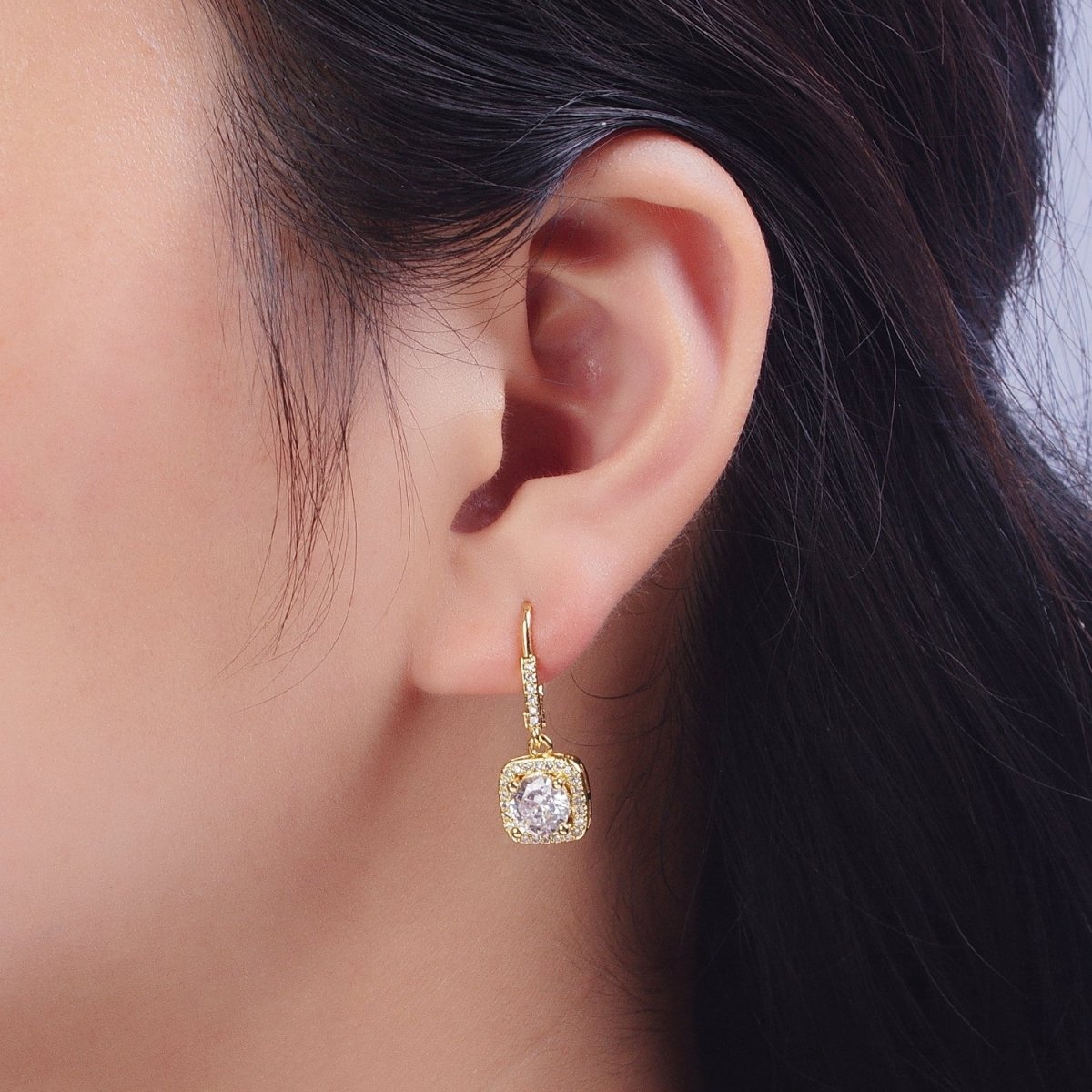 Gold Micro Paved Square Cubic Zirconia Hoop Charm Drop Earrings | AD-074