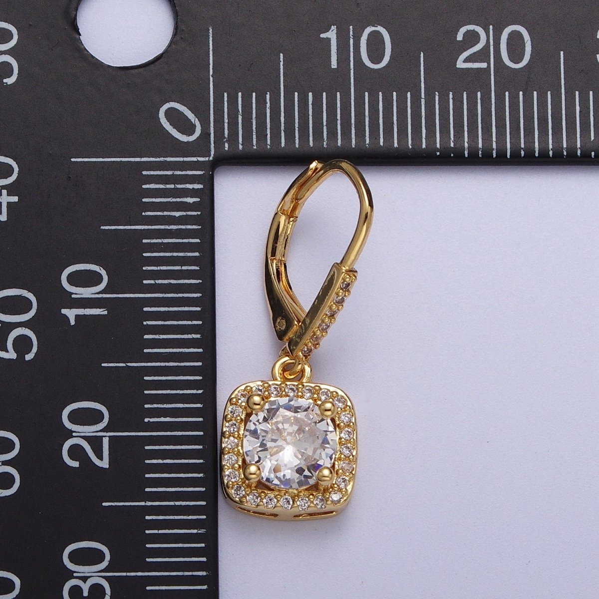 Gold Micro Paved Square Cubic Zirconia Hoop Charm Drop Earrings | AD-074