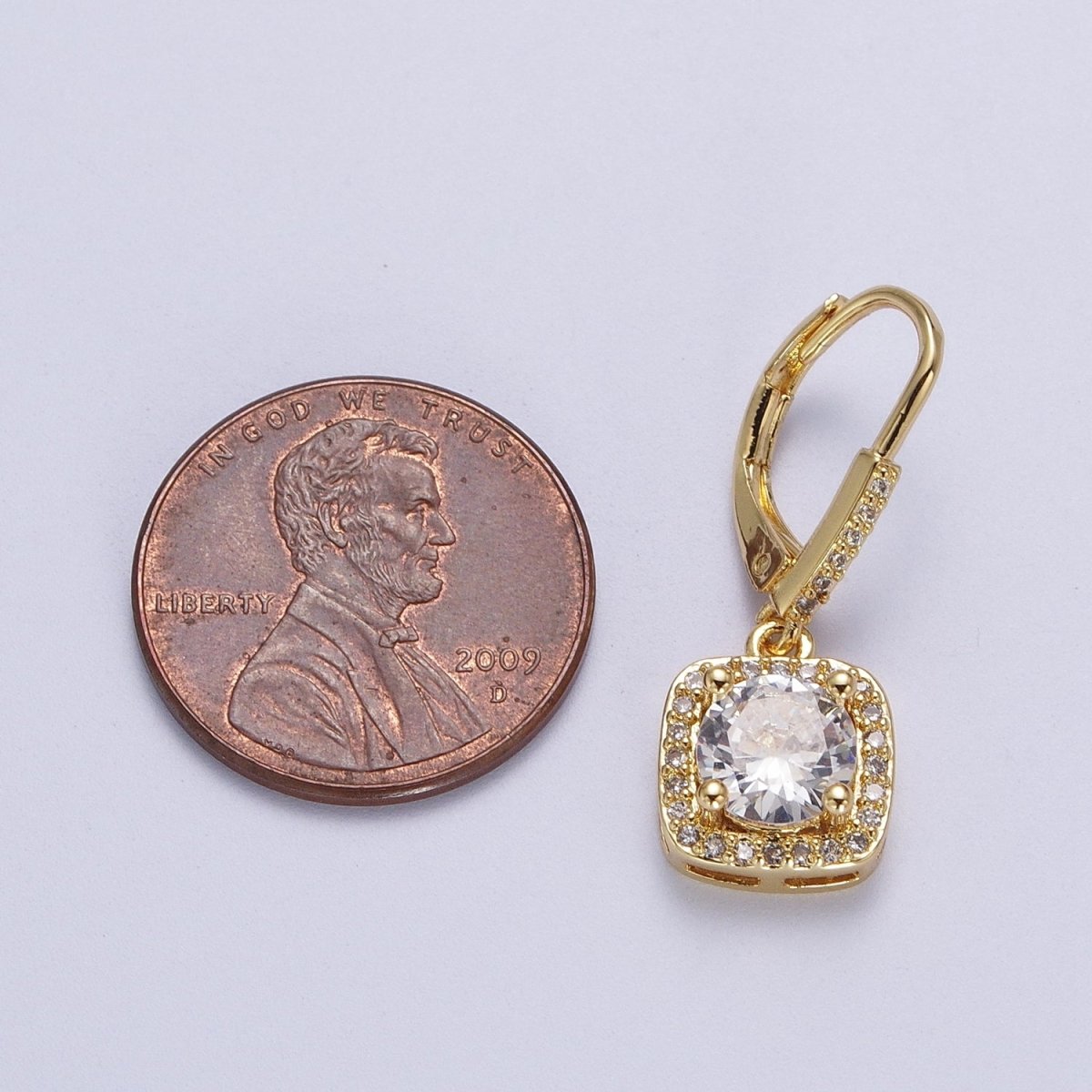 Gold Micro Paved Square Cubic Zirconia Hoop Charm Drop Earrings | AD-074