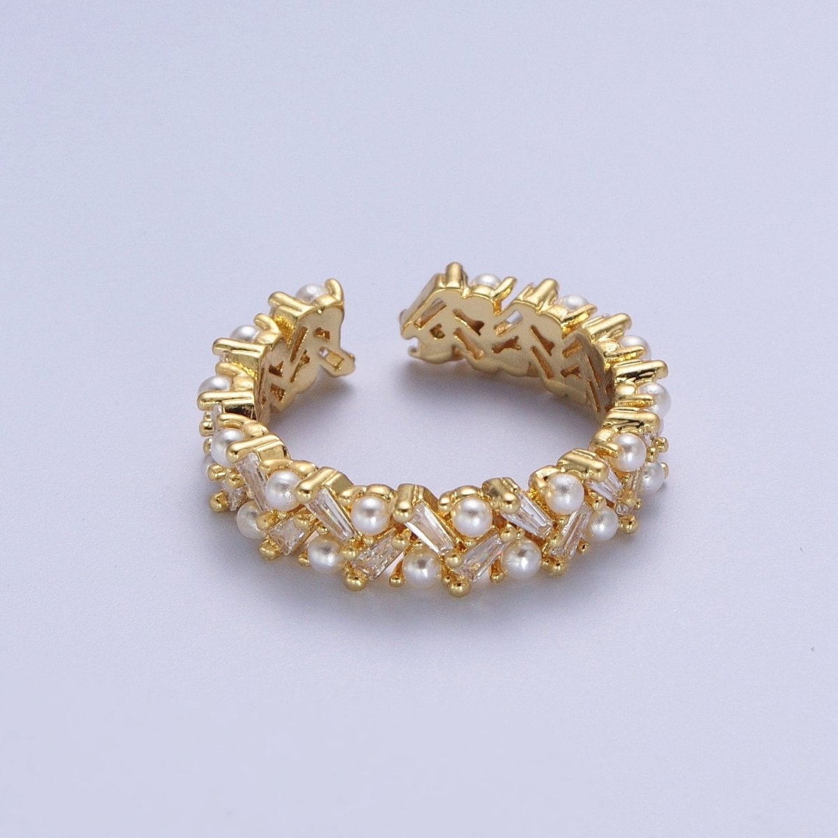 Gold Mini Baguette Cubic Zirconia Round Pearl Wide Band Statement Adjustable Ring | O-1996