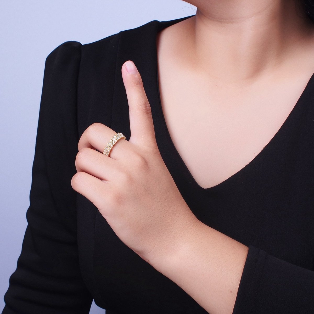 Gold Mini Baguette Cubic Zirconia Round Pearl Wide Band Statement Adjustable Ring | O-1996