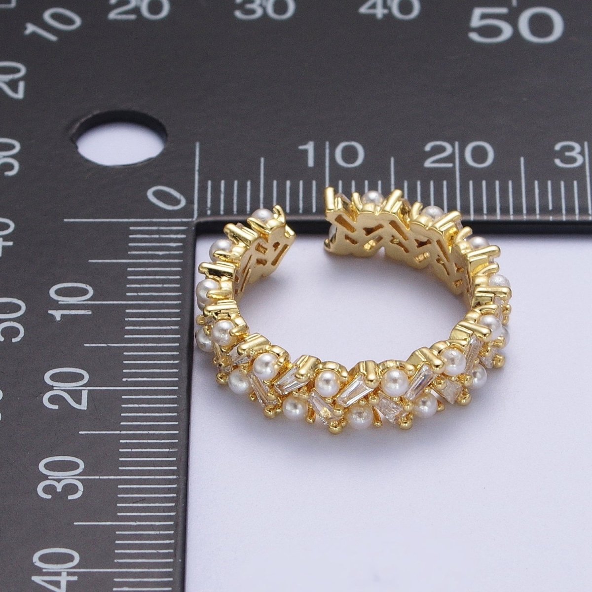 Gold Mini Baguette Cubic Zirconia Round Pearl Wide Band Statement Adjustable Ring | O-1996