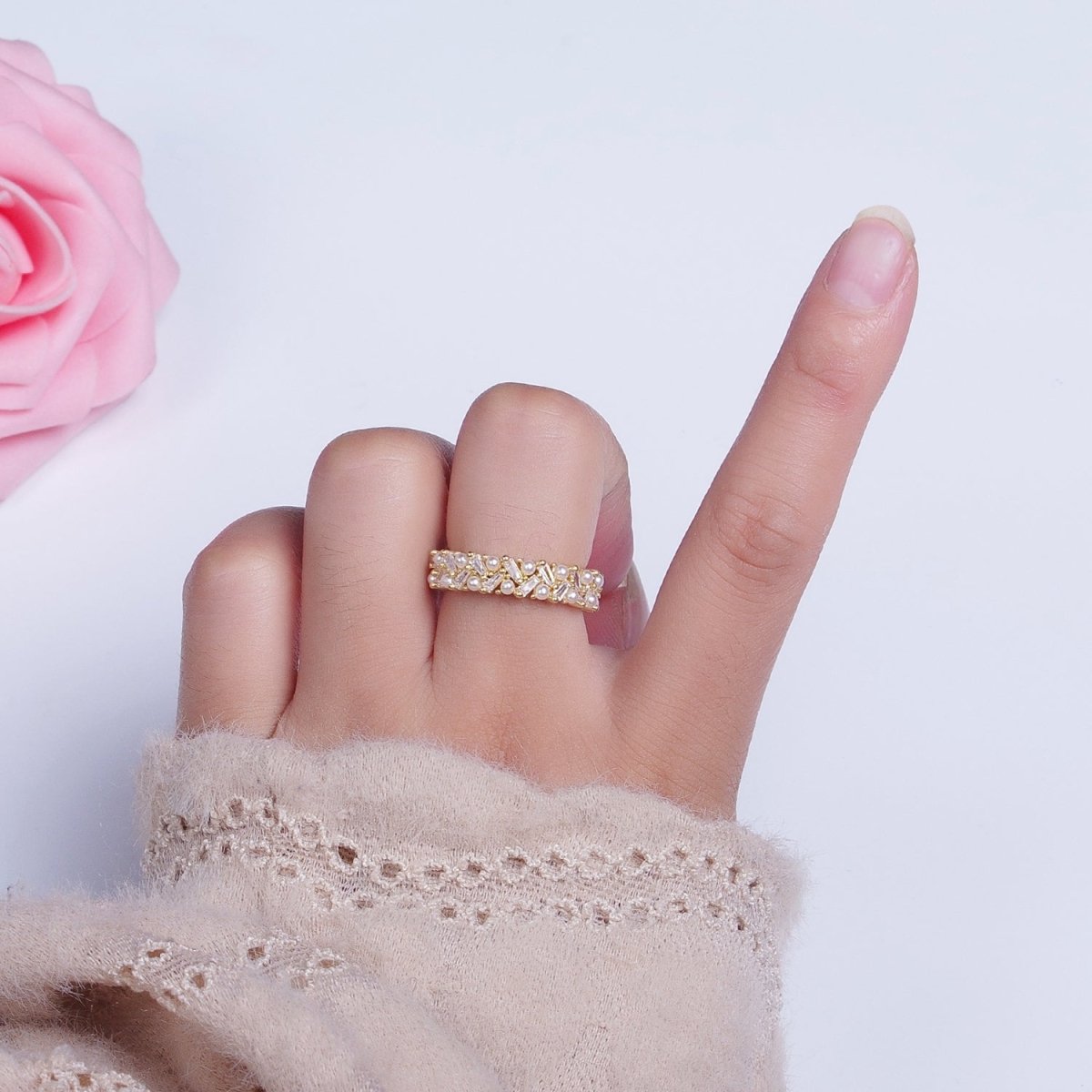 Gold Mini Baguette Cubic Zirconia Round Pearl Wide Band Statement Adjustable Ring | O-1996