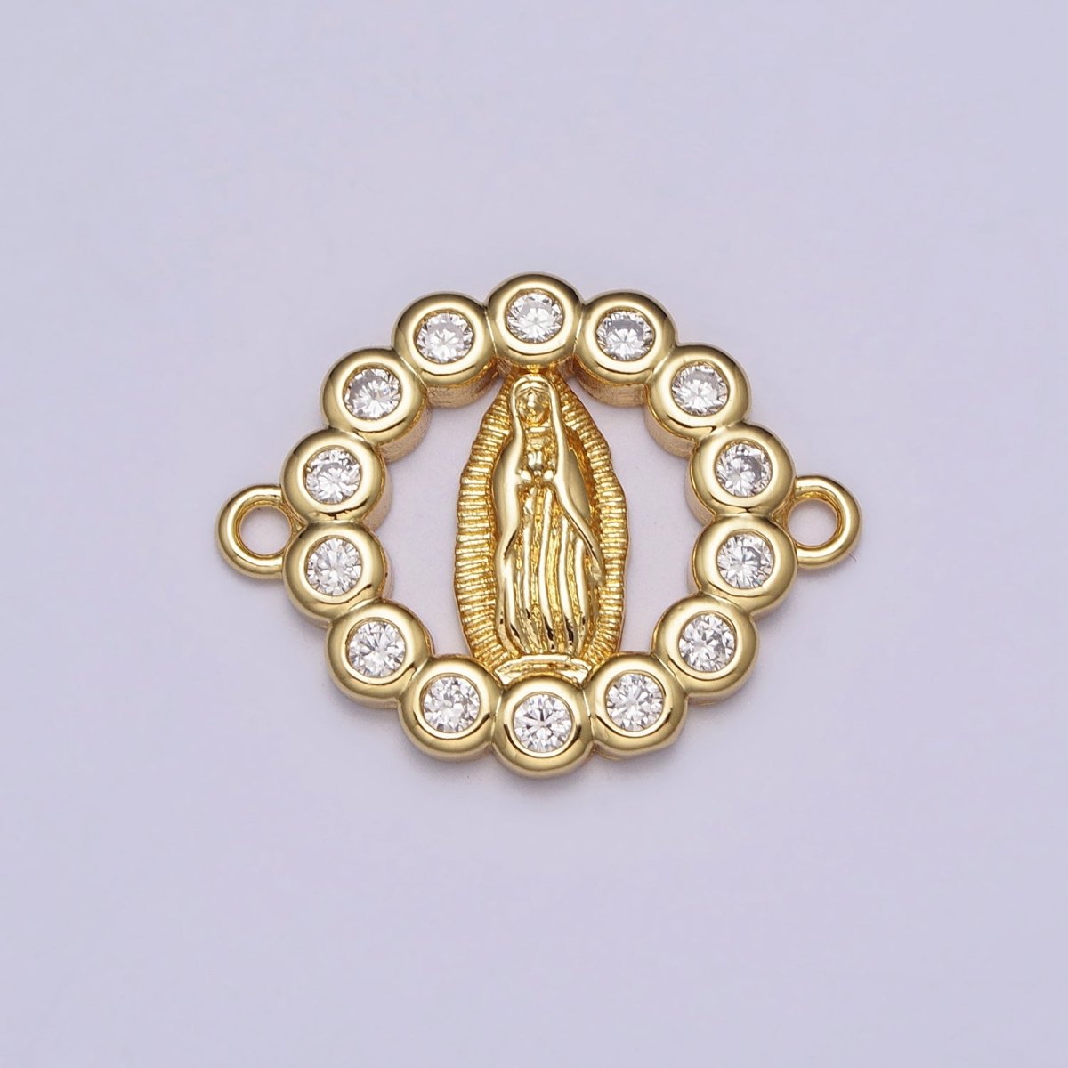 Gold Miraculous Mother Virgin Mary CZ Round Open Religious Connector | Y-782
