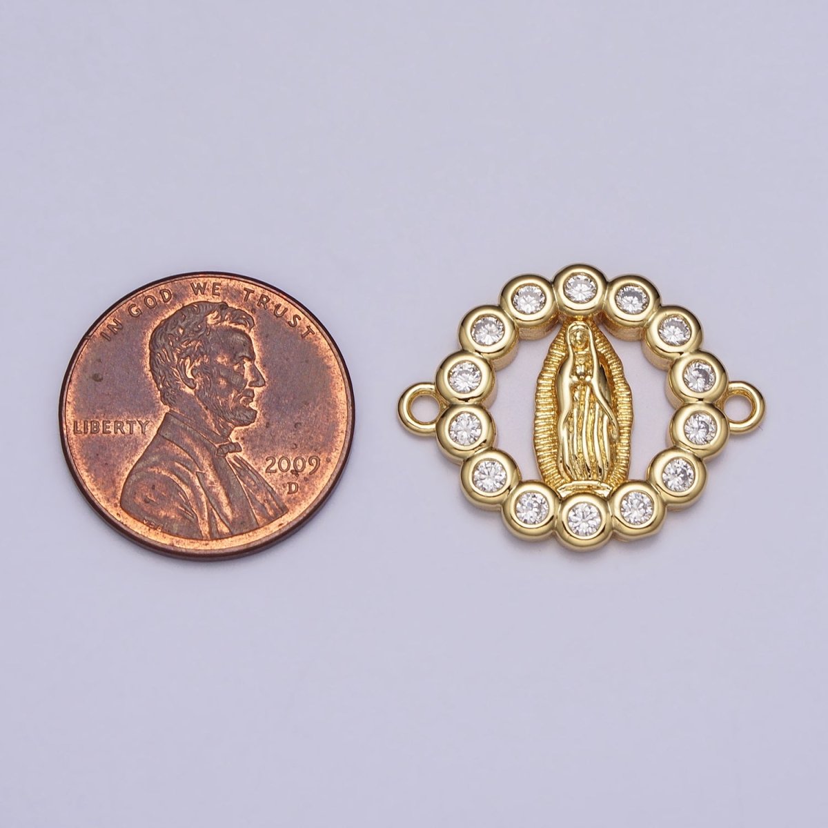 Gold Miraculous Mother Virgin Mary CZ Round Open Religious Connector | Y-782