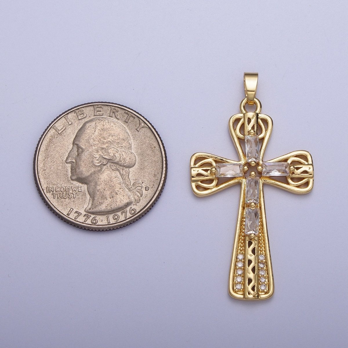 Gold  Multicolor/Clear Cross Micro Paved Round Baguette CZ Religious Pendant For Jewelry Making | X-544 X-545