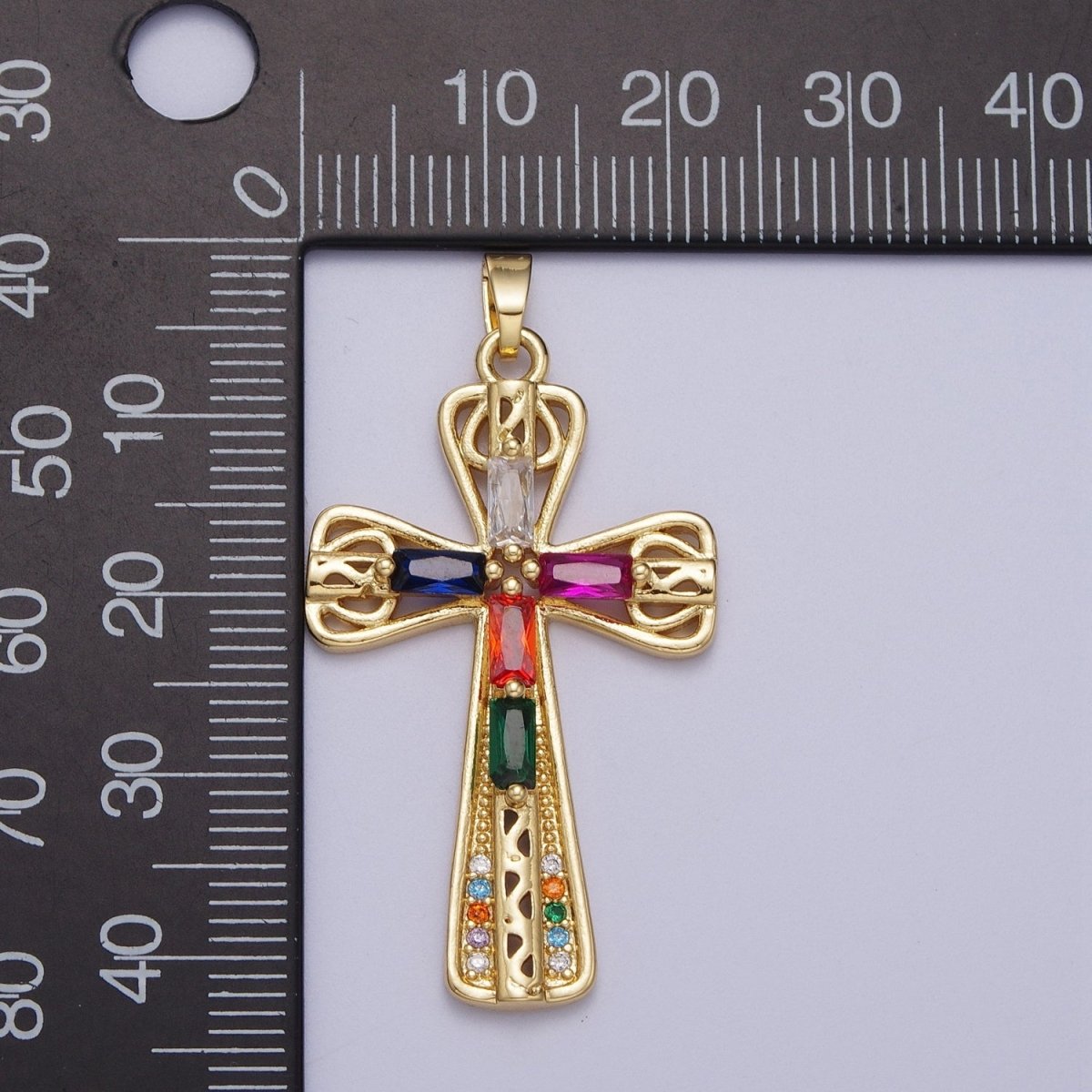 Gold  Multicolor/Clear Cross Micro Paved Round Baguette CZ Religious Pendant For Jewelry Making | X-544 X-545