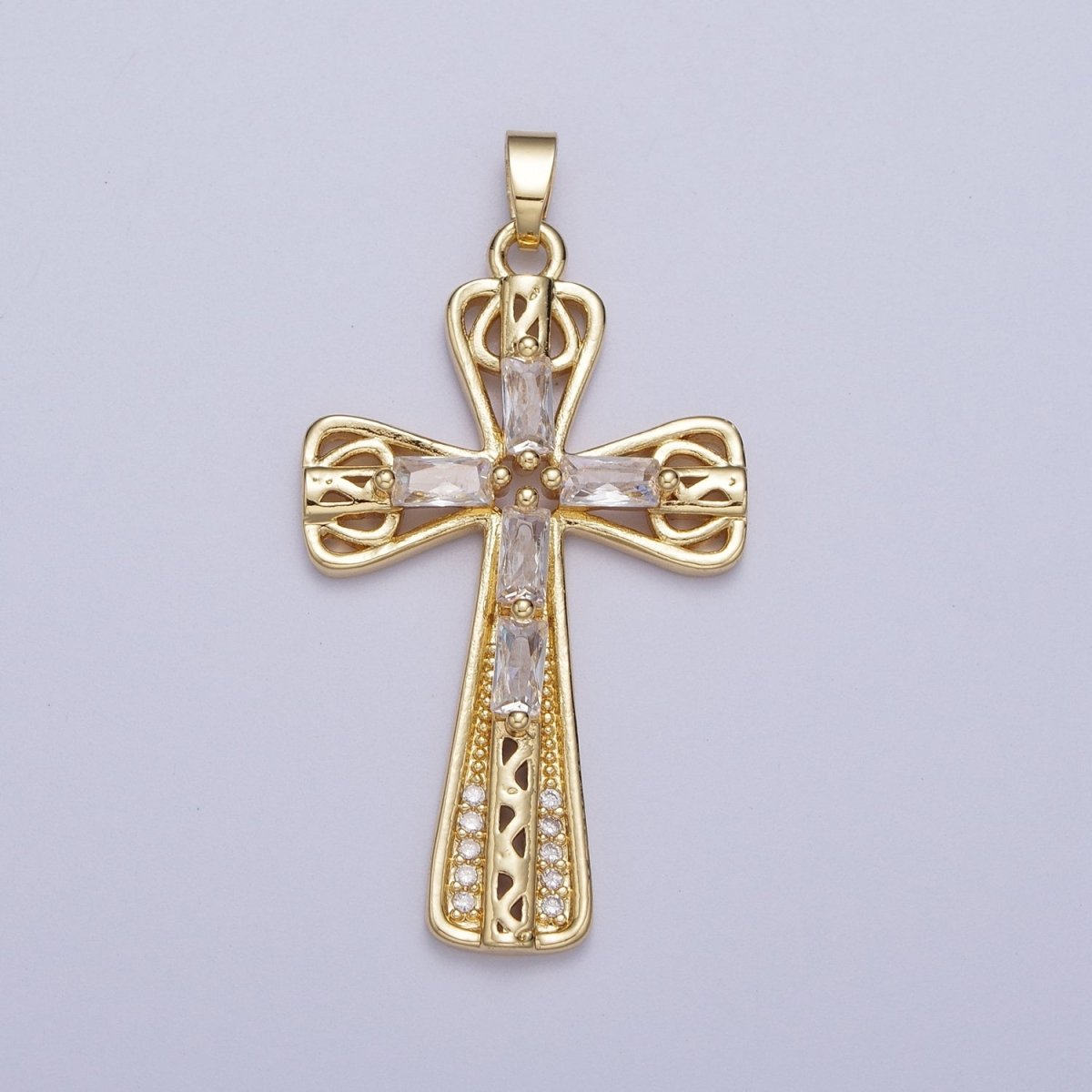 Gold  Multicolor/Clear Cross Micro Paved Round Baguette CZ Religious Pendant For Jewelry Making | X-544 X-545