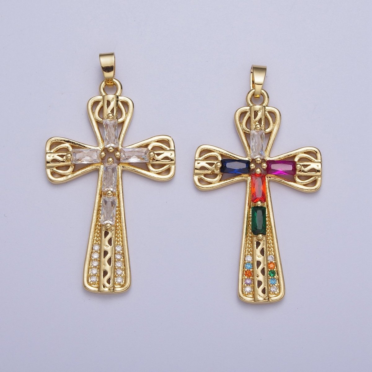 Gold  Multicolor/Clear Cross Micro Paved Round Baguette CZ Religious Pendant For Jewelry Making | X-544 X-545