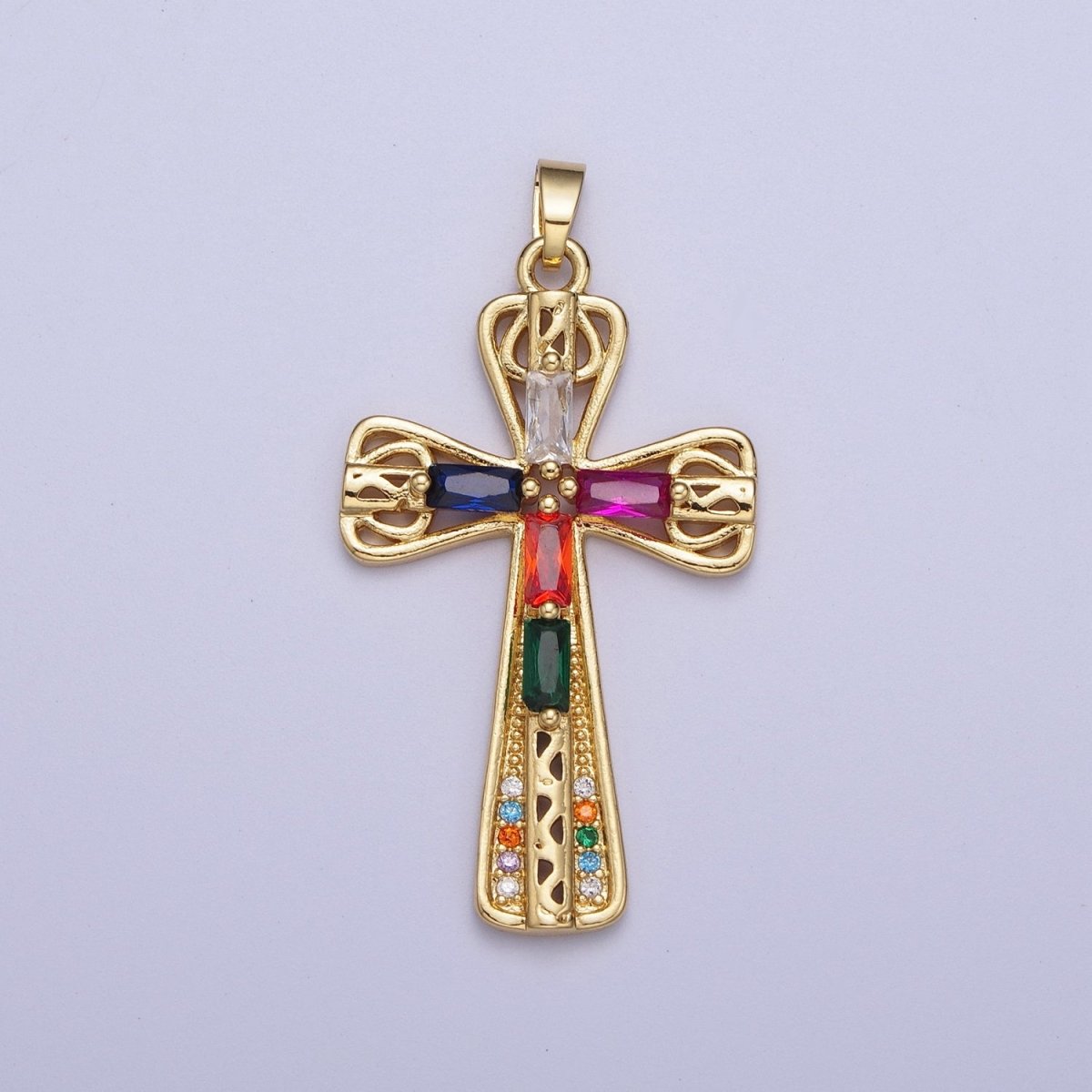 Gold  Multicolor/Clear Cross Micro Paved Round Baguette CZ Religious Pendant For Jewelry Making | X-544 X-545