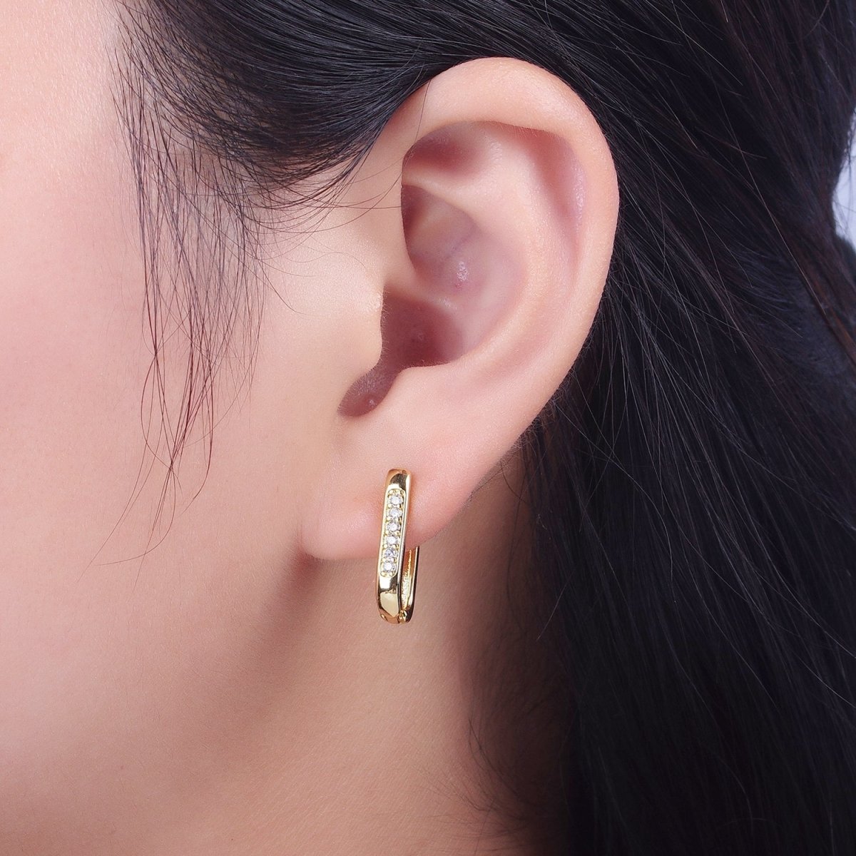 Gold Oblong U Shaped Micro Paved CZ Huggie Hoop Earrings | AD-154