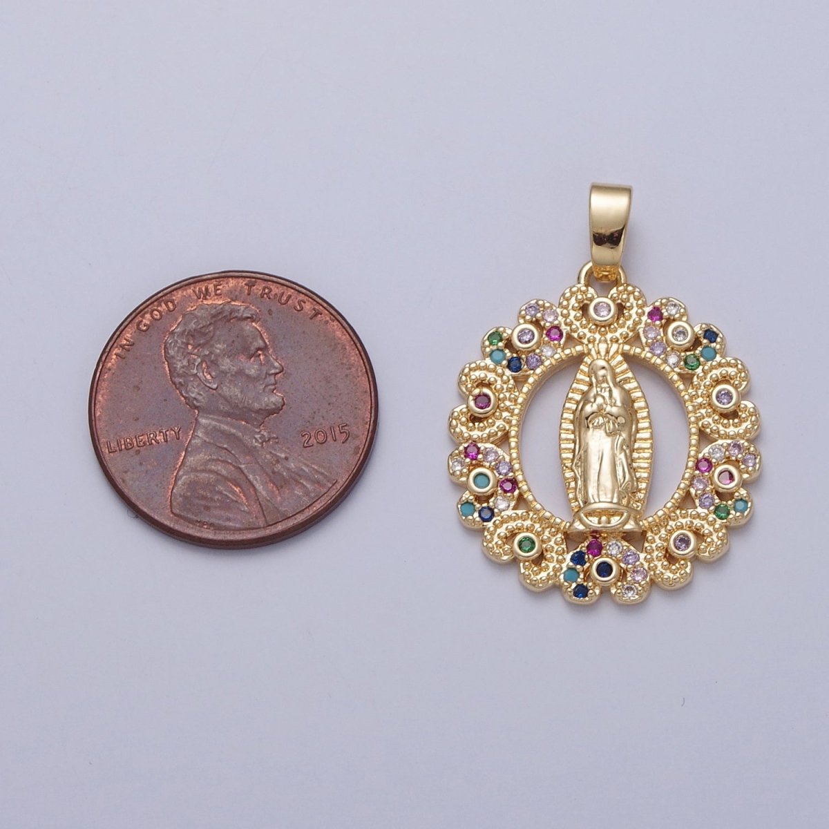 Gold Our Lady of Guadalupe Clear, Rainbow Cubic Zirconia Detailed Medallion Pendant | X-320 X-321