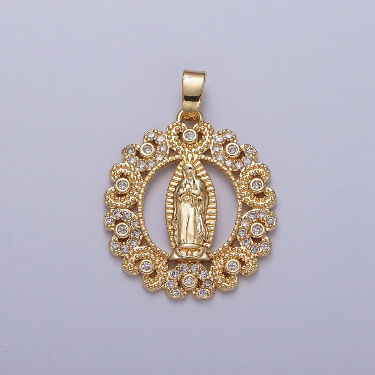Gold Our Lady of Guadalupe Clear, Rainbow Cubic Zirconia Detailed Medallion Pendant | X-320 X-321