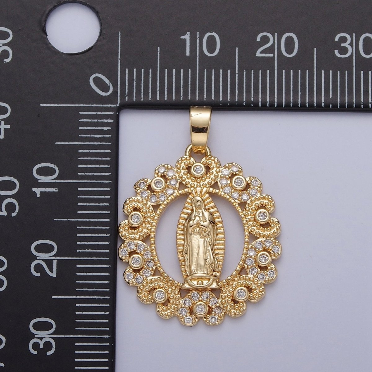 Gold Our Lady of Guadalupe Clear, Rainbow Cubic Zirconia Detailed Medallion Pendant | X-320 X-321