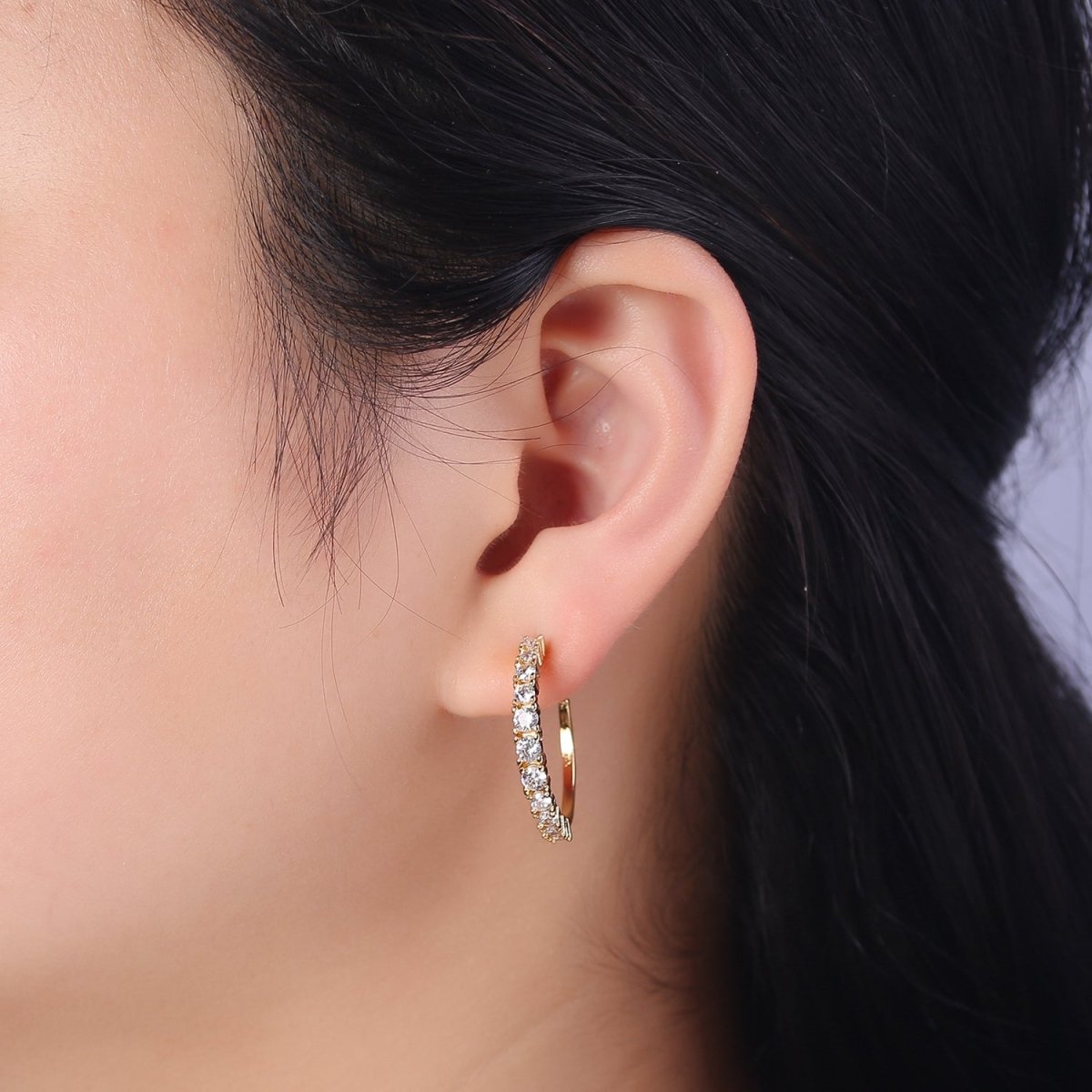 Gold Pave CZ Hoop Earring 25mm Hoops V-162