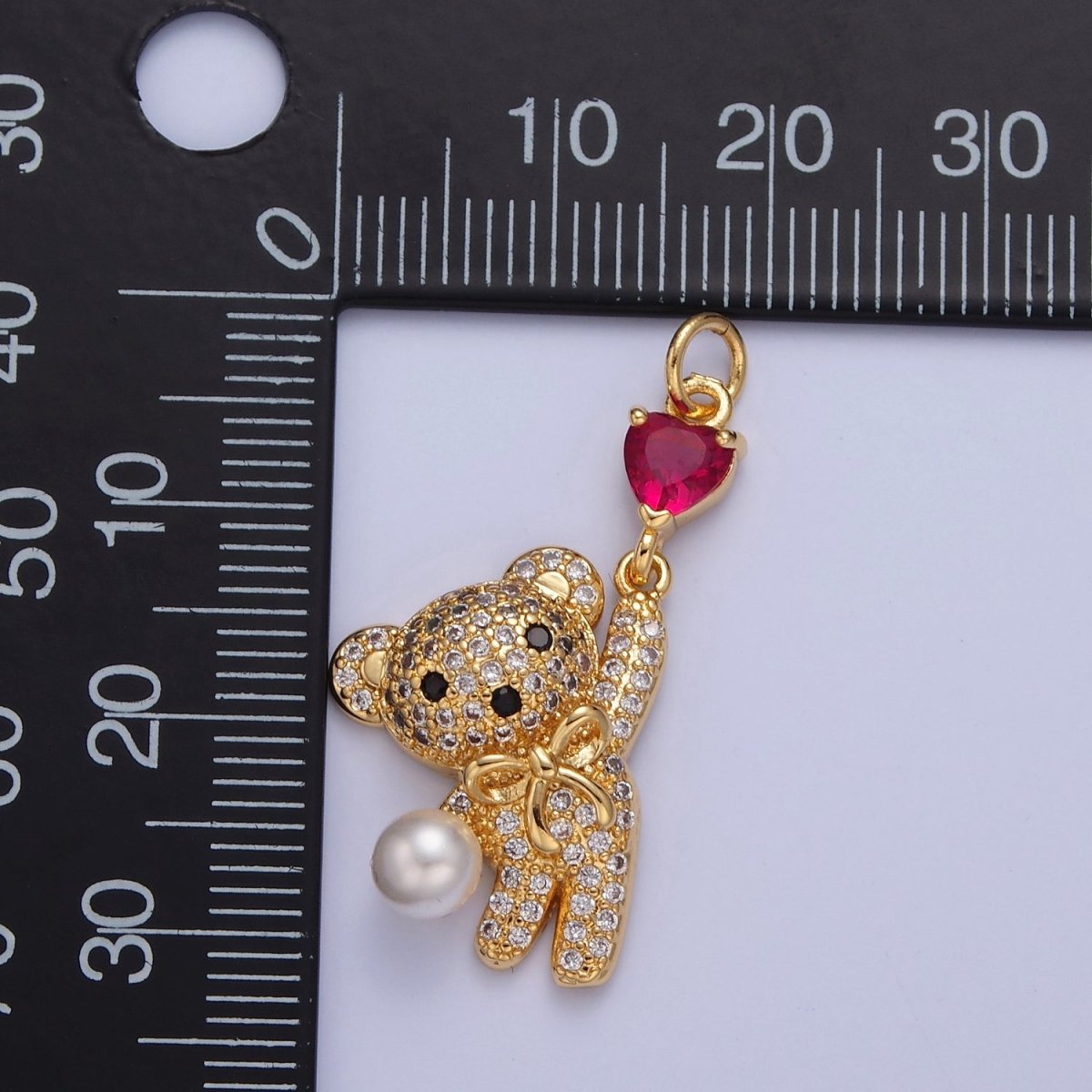 Gold Pave Teddy Bear Charm Dangle Red Heart Bead Pendant W-289
