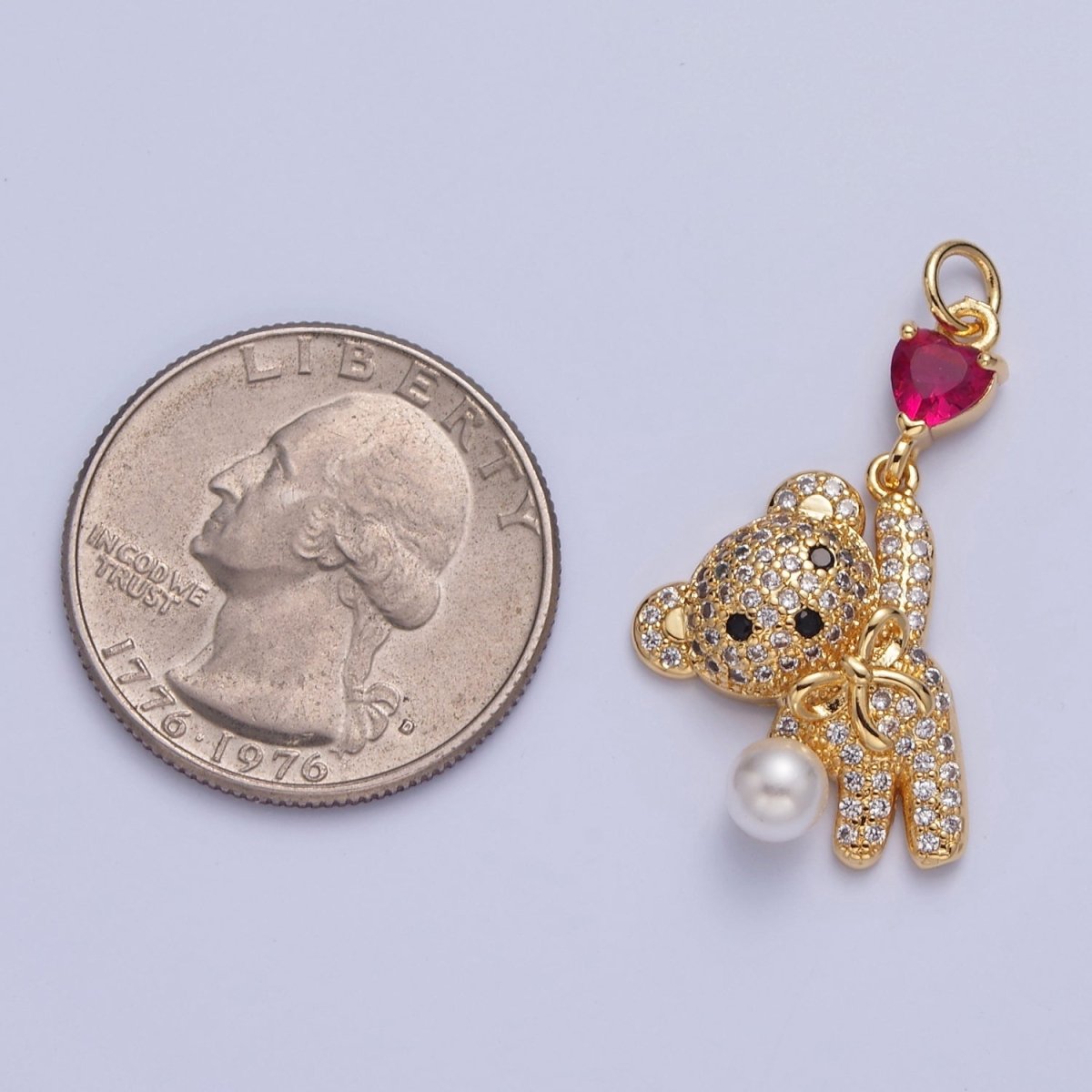 Gold Pave Teddy Bear Charm Dangle Red Heart Bead Pendant W-289