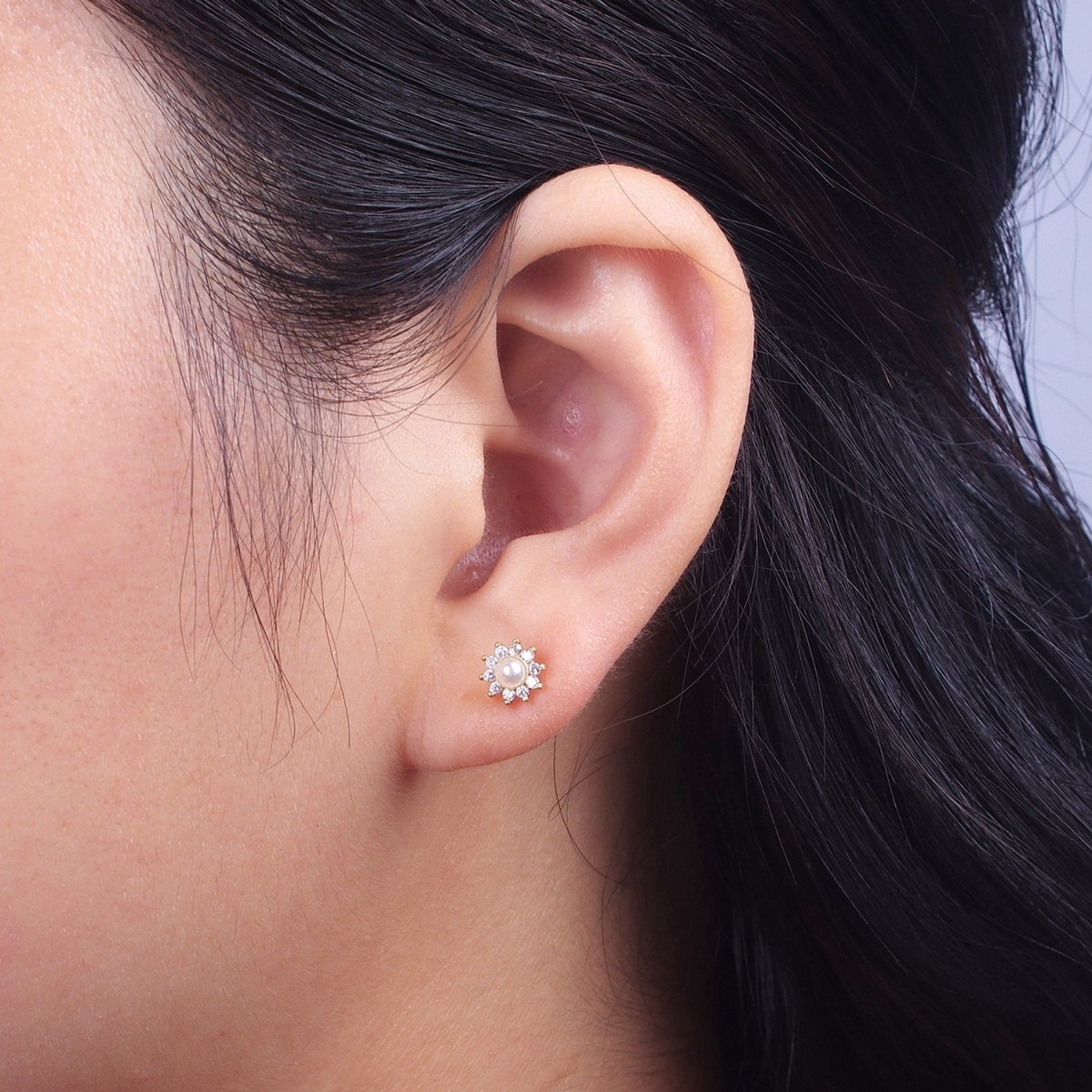 Gold Pearl Flower Stud Earrings, Celestial Sunburst Star Sun Stud Earrings Jewelry | AD-031