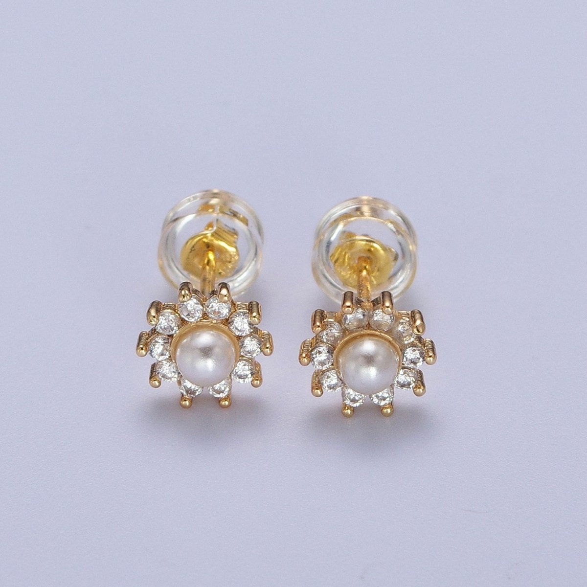 Gold Pearl Flower Stud Earrings, Celestial Sunburst Star Sun Stud Earrings Jewelry | AD-031