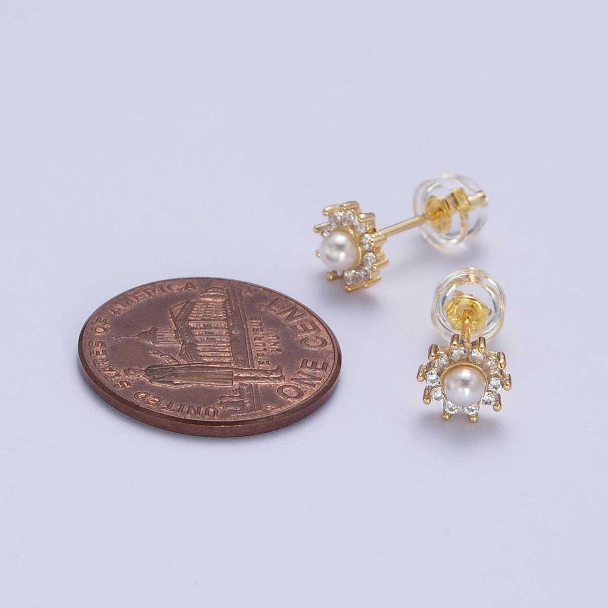 Gold Pearl Flower Stud Earrings, Celestial Sunburst Star Sun Stud Earrings Jewelry | AD-031