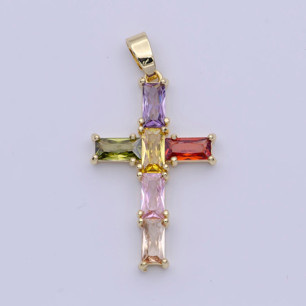 Gold Religious Cross Clear/Multicolor Baguette Cubic Zirconia Pendant | X-502 X-506