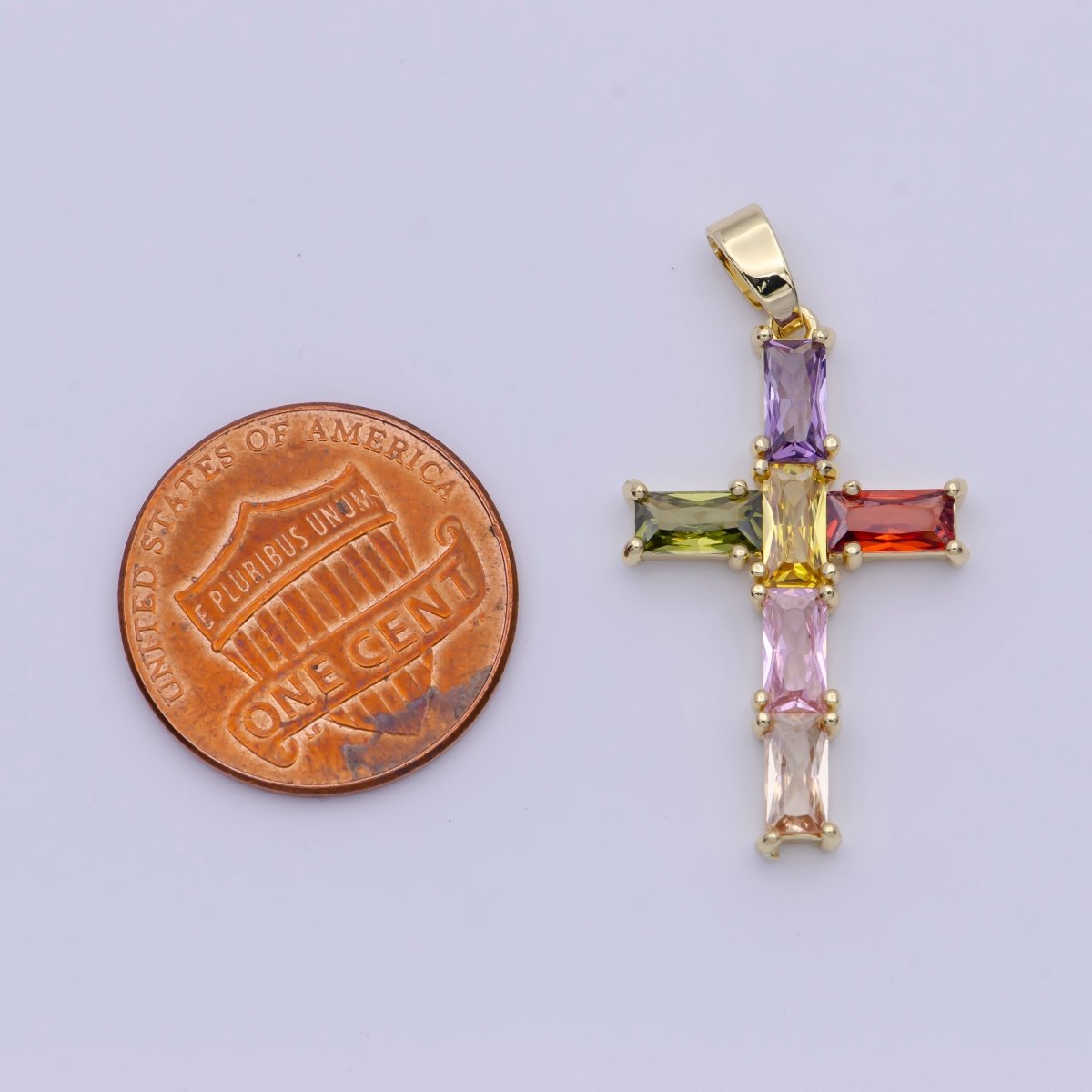 Gold Religious Cross Clear/Multicolor Baguette Cubic Zirconia Pendant | X-502 X-506