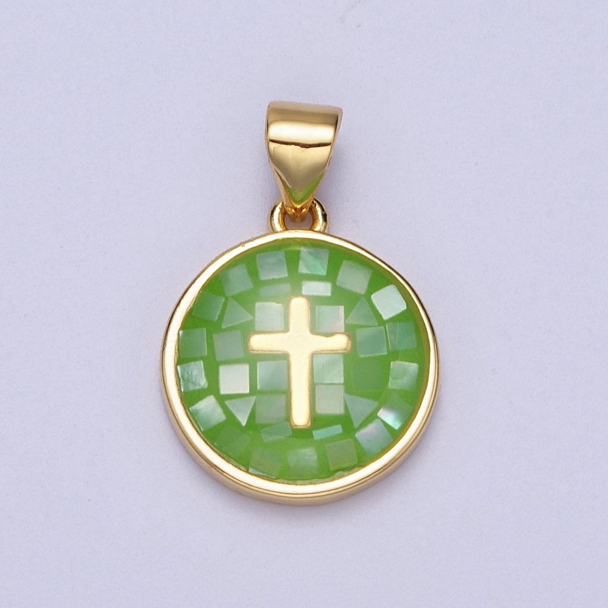 Gold Religious Cross Pink, White, Teal, Abalone, Green Shell Opal Round Pendant I-075 I-829 I-847 I-881 I-887