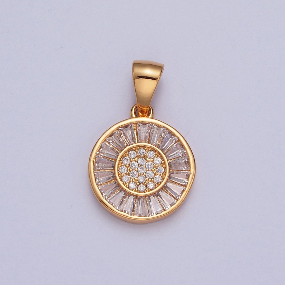 Gold Round Sunflower Sun Baguette CZ Pendant For Necklace Making X-377