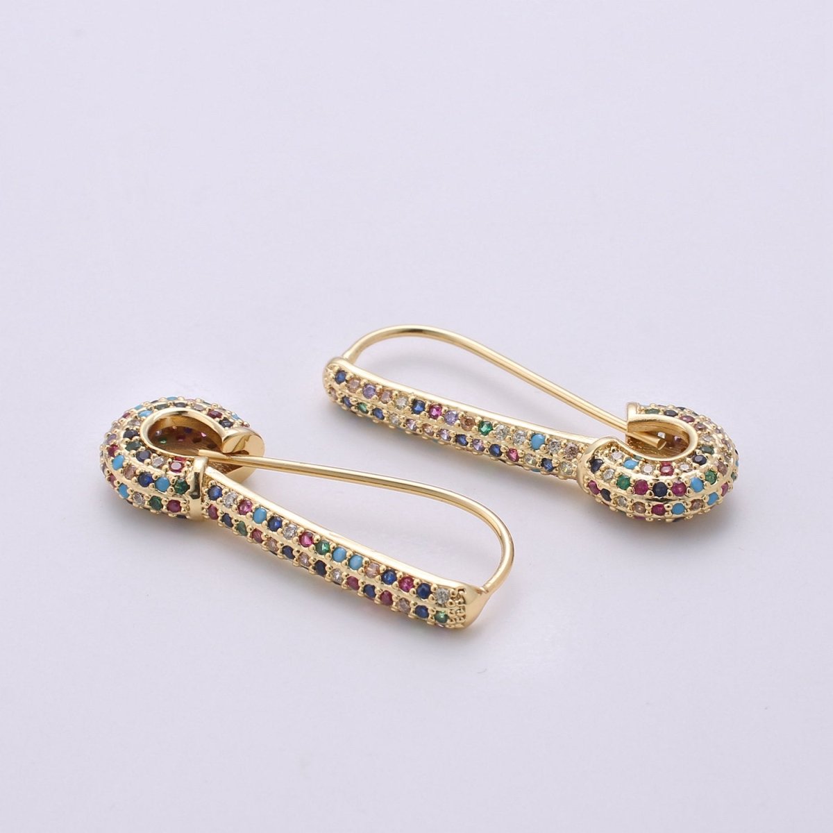 Gold Safety pin earrings- sparkly safety pins/ needle earrings/ Micro pave safety pin drop earrings Rainbow Colorful Safety Pin Earring, K-446