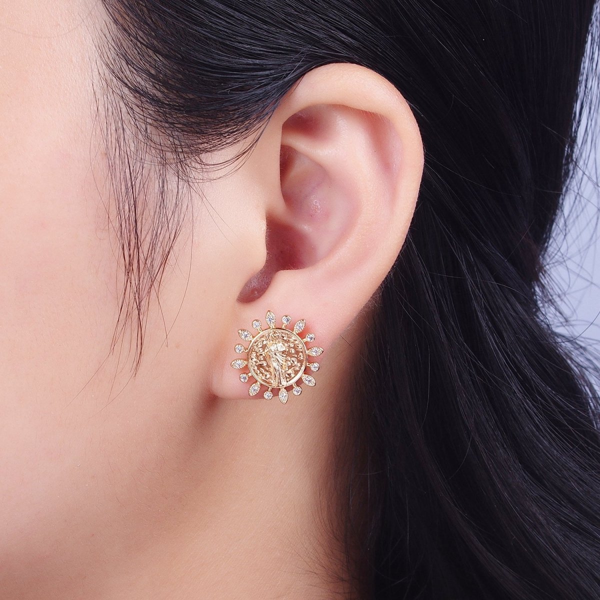 Gold Saint Jude Stud Earring Sun Medallion San Judas Earring Catholic Religious Jewelry Gift AE-1046