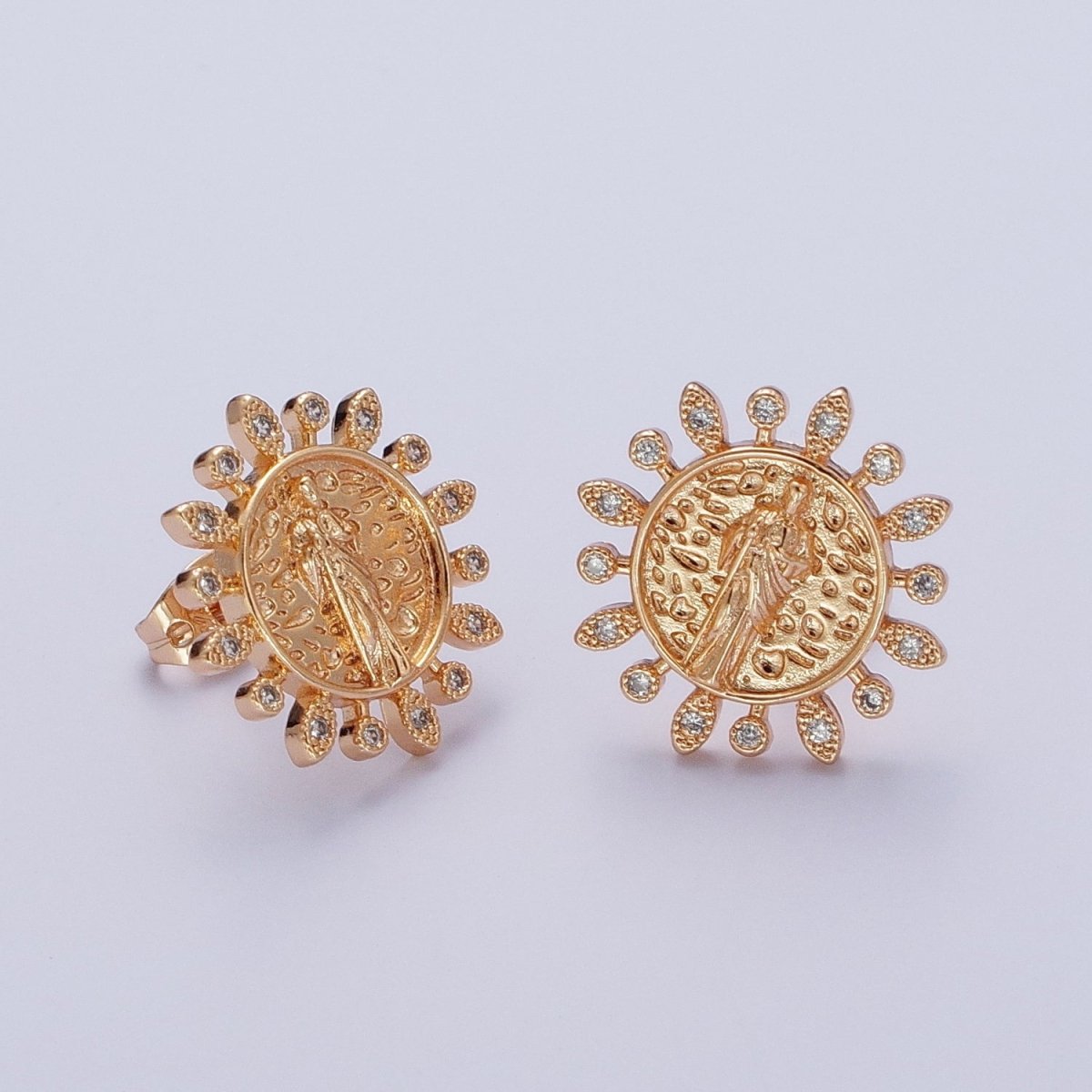 Gold Saint Jude Stud Earring Sun Medallion San Judas Earring Catholic Religious Jewelry Gift AE-1046