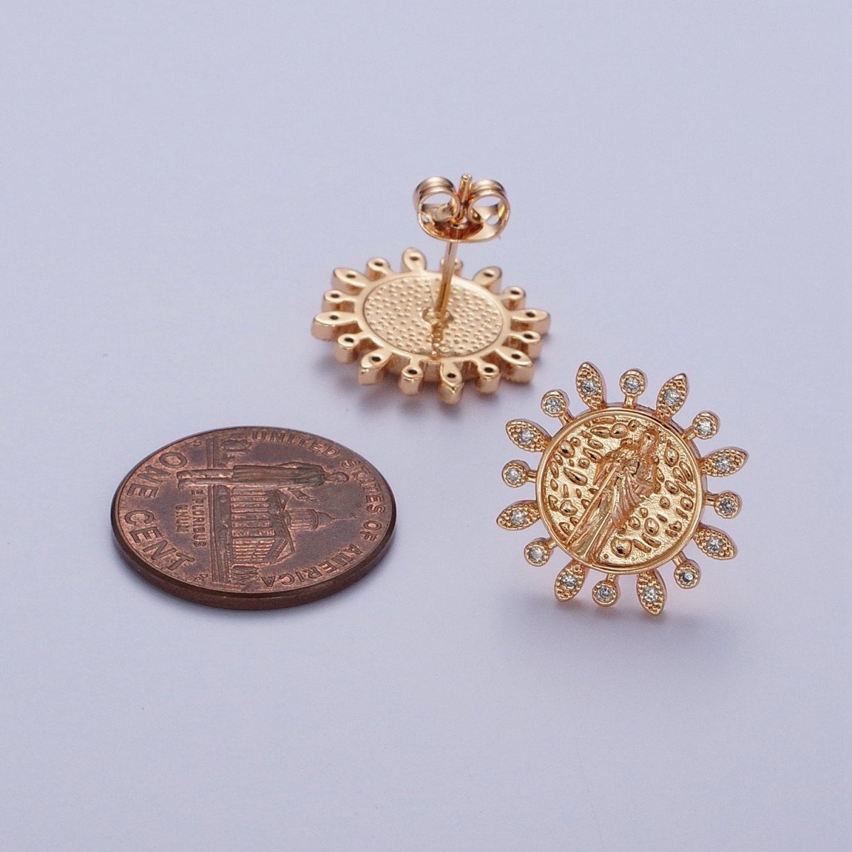 Gold Saint Jude Stud Earring Sun Medallion San Judas Earring Catholic Religious Jewelry Gift AE-1046