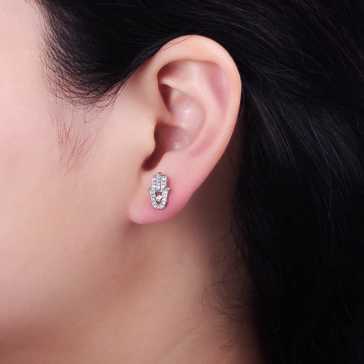 Gold, Silver Micro Paved Clear CZ Protection Hamsa Hand Evil Eye Stud Earrings | AB1012 AB1013