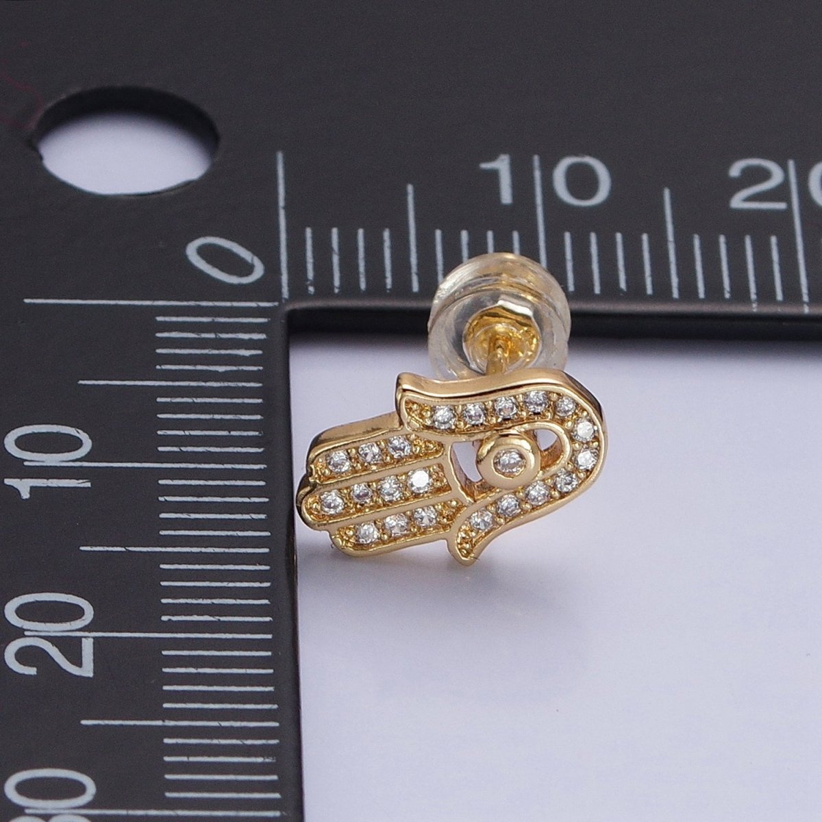 Gold, Silver Micro Paved Clear CZ Protection Hamsa Hand Evil Eye Stud Earrings | AB1012 AB1013