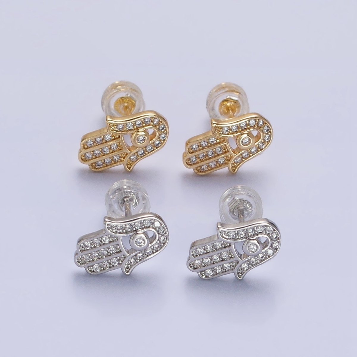 Gold, Silver Micro Paved Clear CZ Protection Hamsa Hand Evil Eye Stud Earrings | AB1012 AB1013