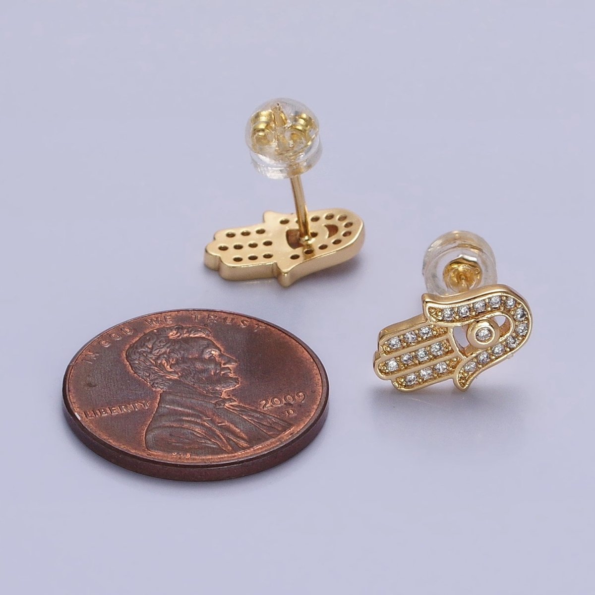 Gold, Silver Micro Paved Clear CZ Protection Hamsa Hand Evil Eye Stud Earrings | AB1012 AB1013