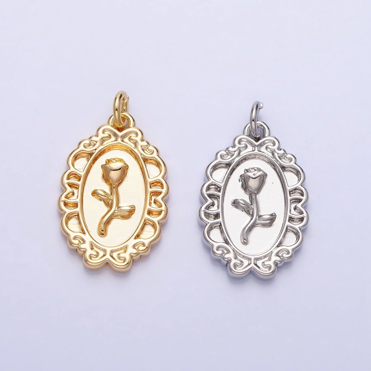 Gold, Silver Nature Rose Flower Oval Frame Charm in Gold & Silver | AC-761 AC-762