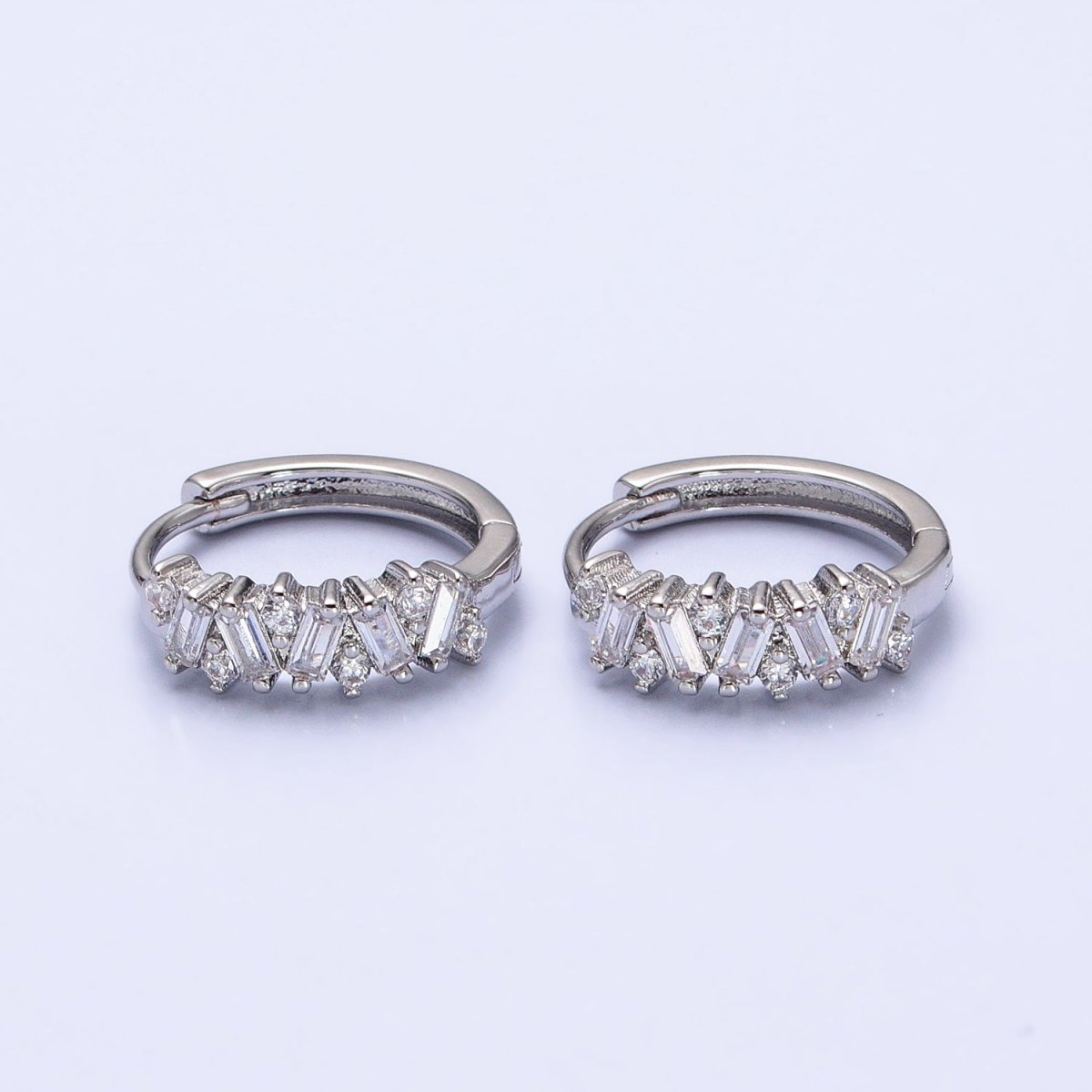 Gold, Silver Zig-Zag Clear Baguette CZ 15mm Huggie Hoop Earrings | AB522 AB527