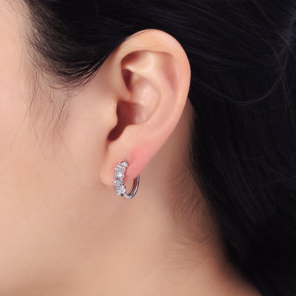 Gold, Silver Zig-Zag Clear Baguette CZ 15mm Huggie Hoop Earrings | AB522 AB527