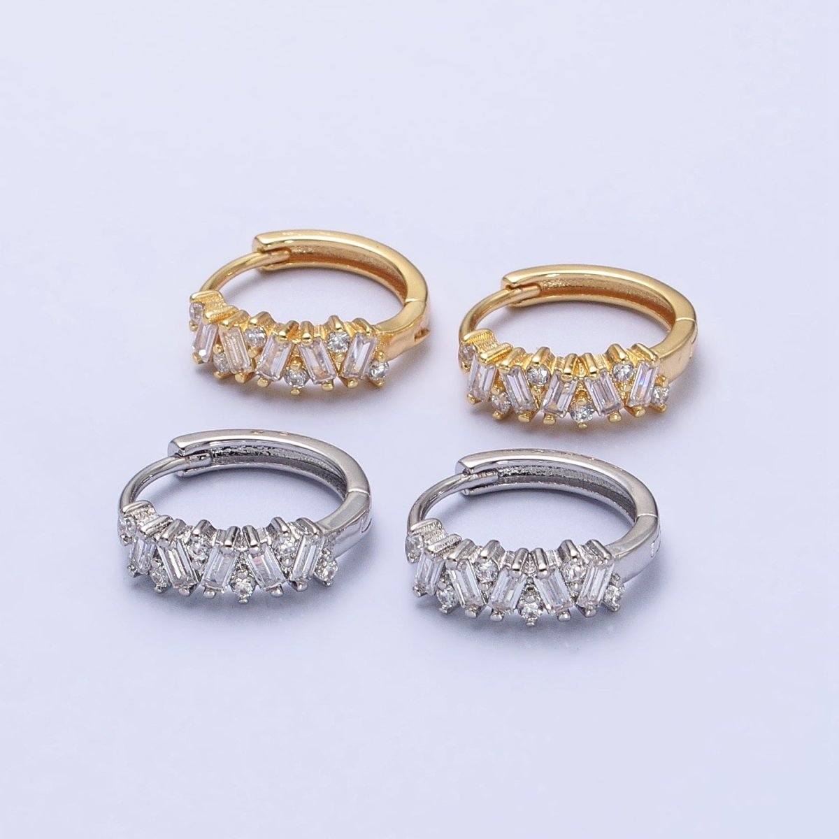 Gold, Silver Zig-Zag Clear Baguette CZ 15mm Huggie Hoop Earrings | AB522 AB527