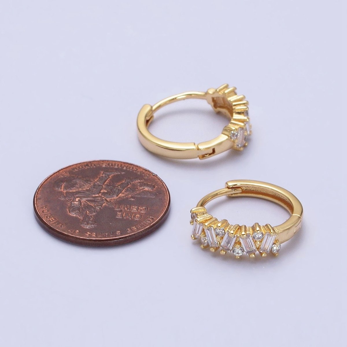Gold, Silver Zig-Zag Clear Baguette CZ 15mm Huggie Hoop Earrings | AB522 AB527