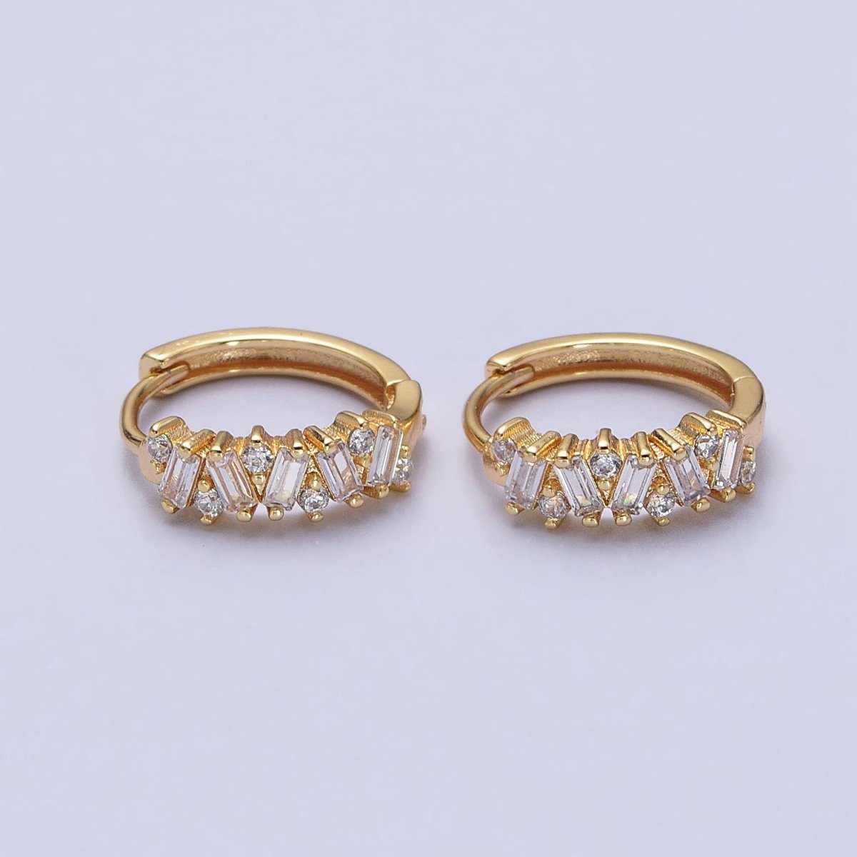 Gold, Silver Zig-Zag Clear Baguette CZ 15mm Huggie Hoop Earrings | AB522 AB527