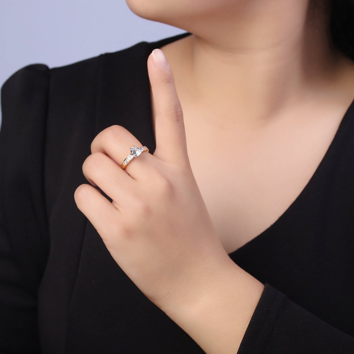 Gold solitaire ring for women with cubic zirconia stones engagement ring U-492