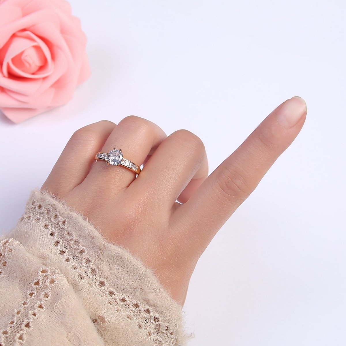 Gold solitaire ring for women with cubic zirconia stones engagement ring U-492