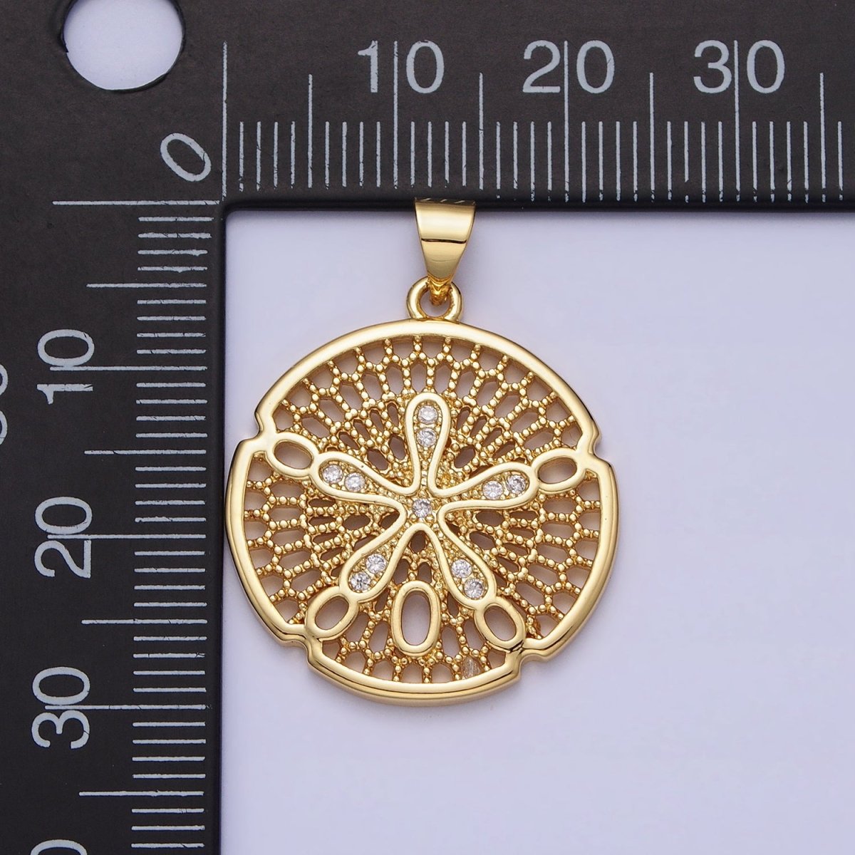 Gold Splat Flower Beaded Filigree Geometric Round Pendant | AA153