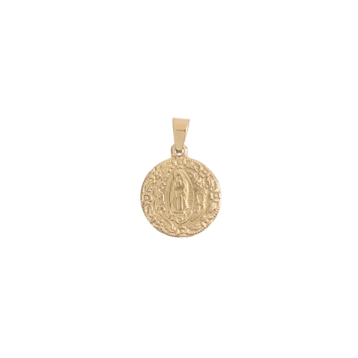 Gold Stainless Steel Dainty Holy Virgin Mother Mary, Intricate Flower Lady Guadalupe Medallion Pendant Catholic Religious Jewelry J-471