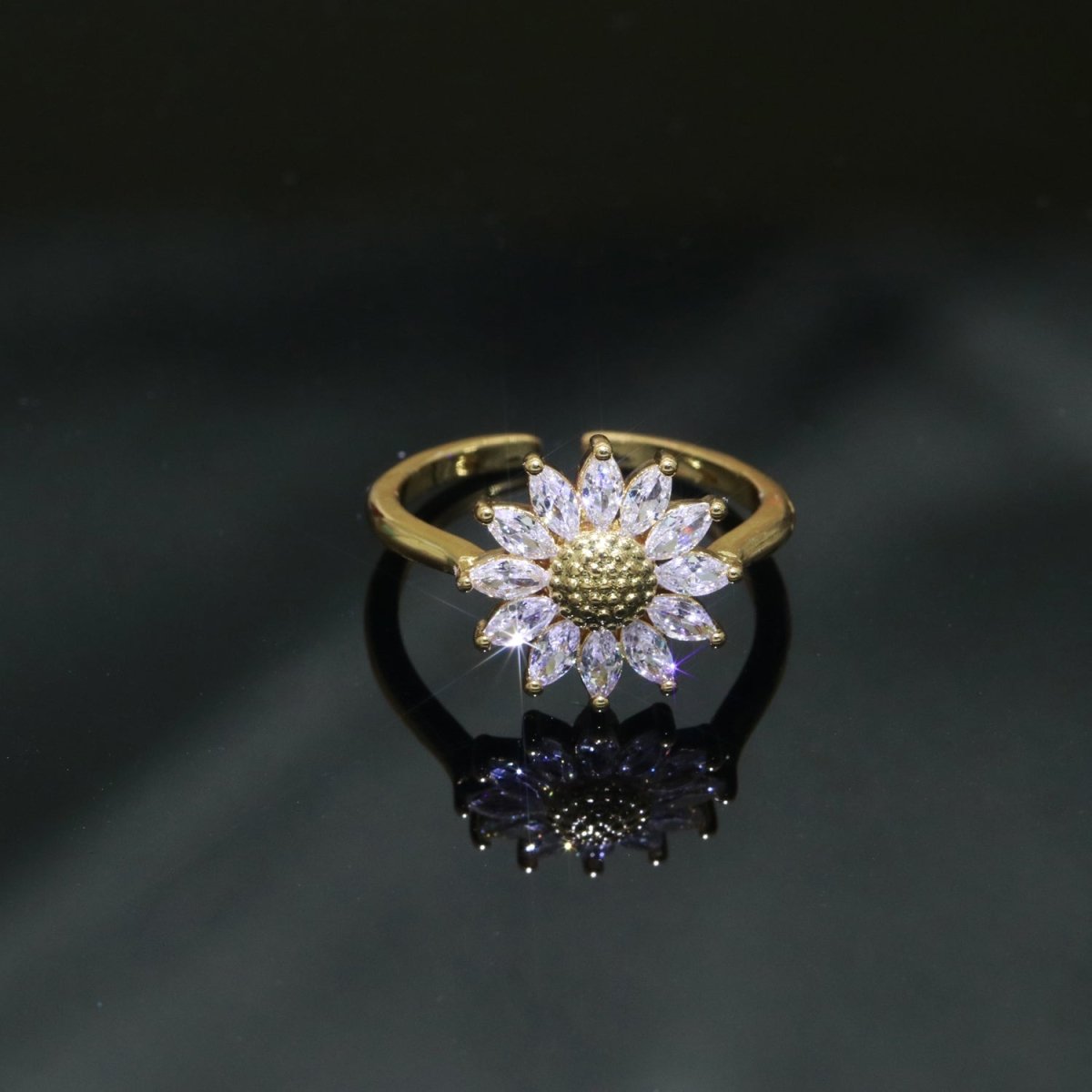 Gold Sun Flower Ring 14k Gold Filed Dainty Ring Cz Open Adjustable Minimalist Ring Stackable Jewelry O-361