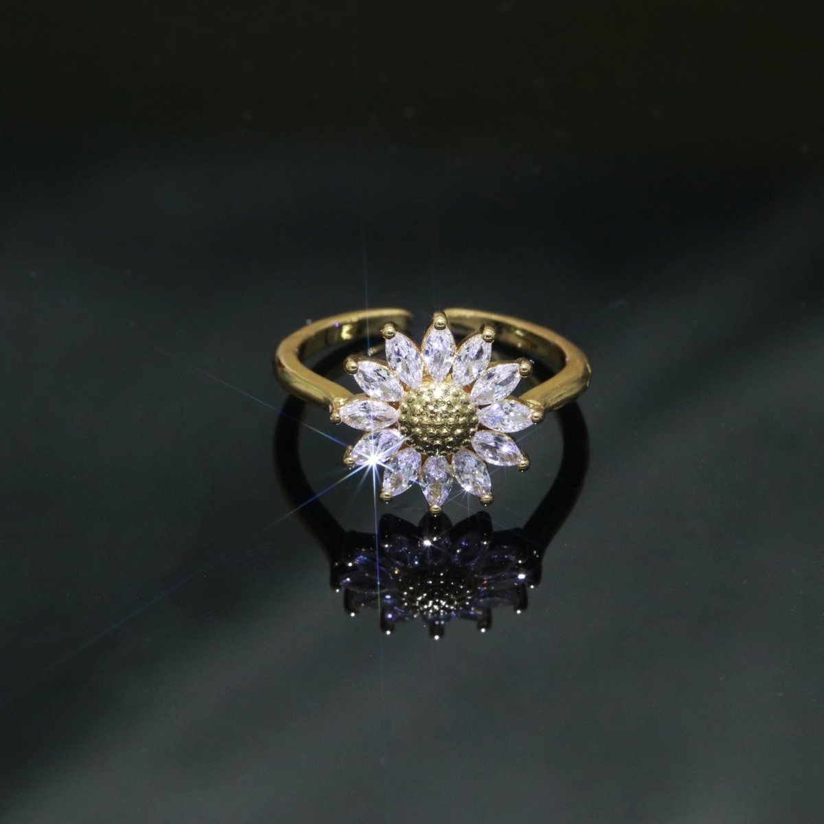 Gold Sun Flower Ring 14k Gold Filed Dainty Ring Cz Open Adjustable Minimalist Ring Stackable Jewelry O-361