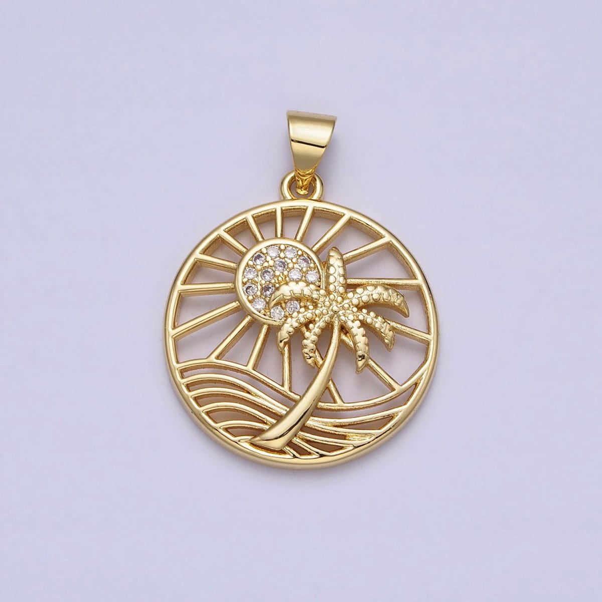 Gold Sunny Beam Beach Palm Tree Clear Micro Paved CZ Round Open Charm | AA162