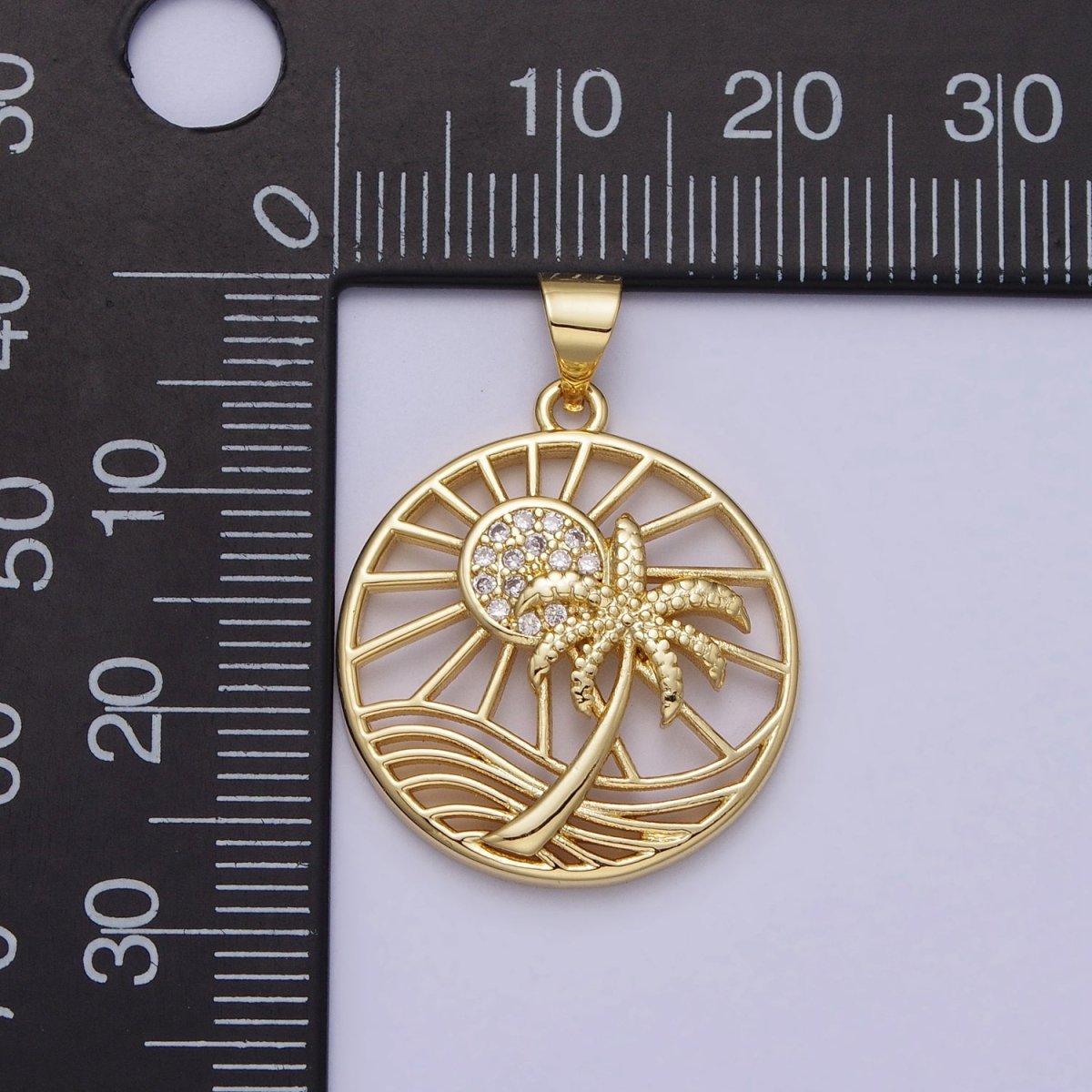 Gold Sunny Beam Beach Palm Tree Clear Micro Paved CZ Round Open Charm | AA162